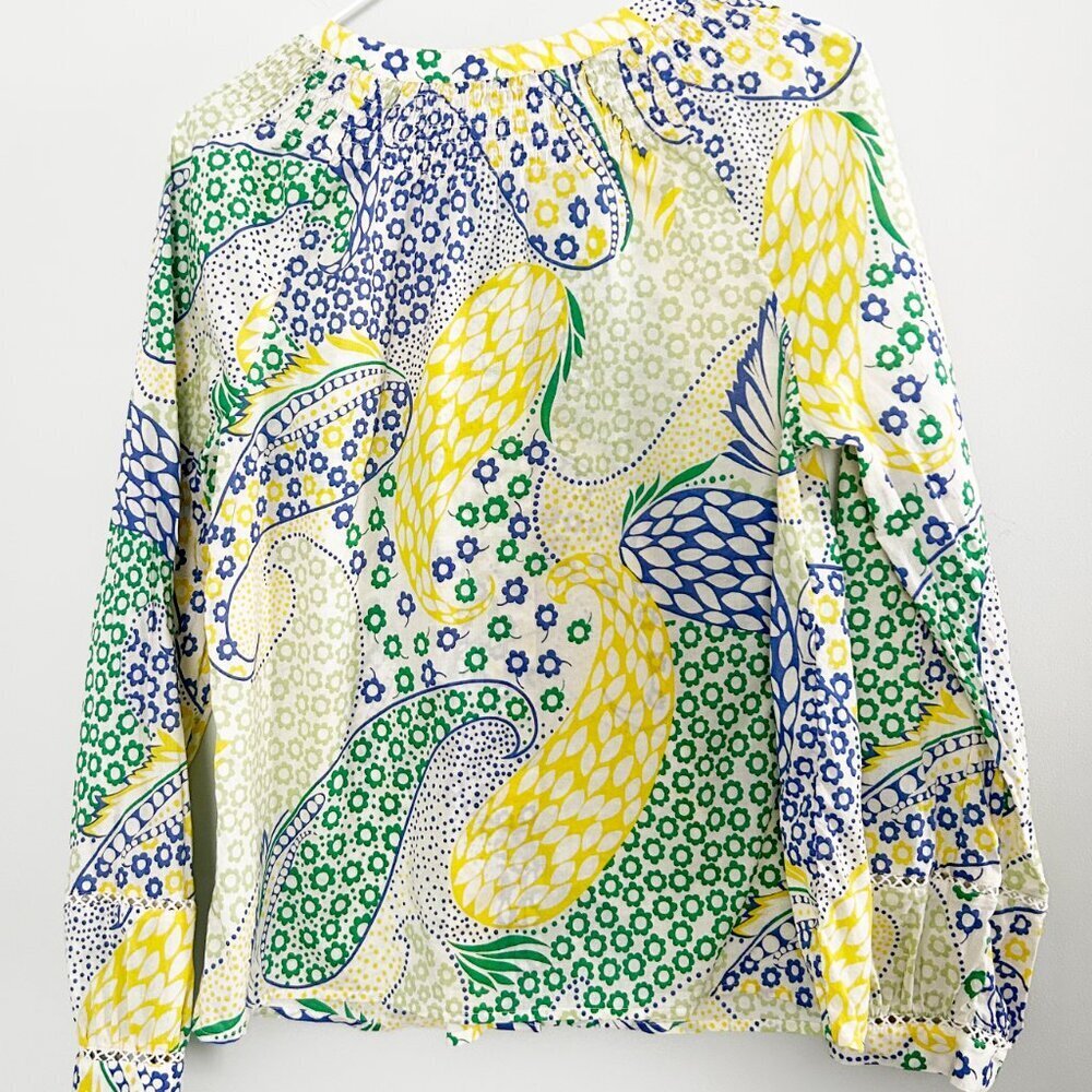 Talbots Medium Petite Green Yellow Blue Paisley Smocked Button Down Long Slv Top - Picture 2 of 8